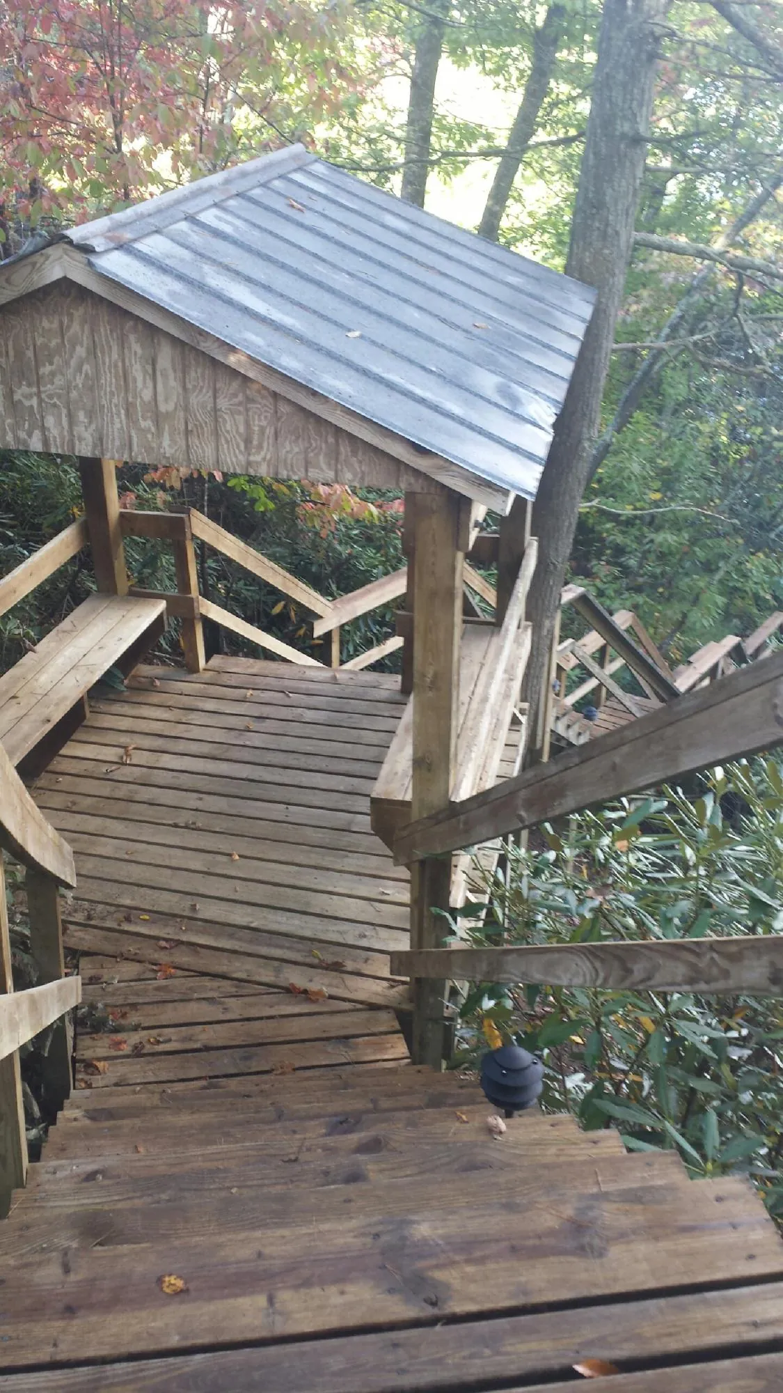 Metal roofed shelter over wooden steps on a wooded walkway — Skylight Repair & Installation work by our crew in Lagrange